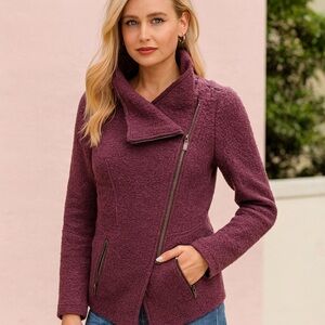 Halogen dark maroon, long-sleeved jacket, diagonal zipper, wool/acrylic blend,XS